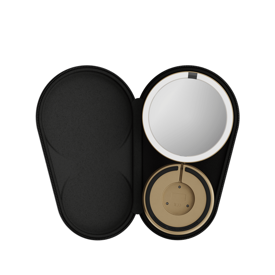 Simplehuman's Sensor Mirror Fold in Brass in the travel case.