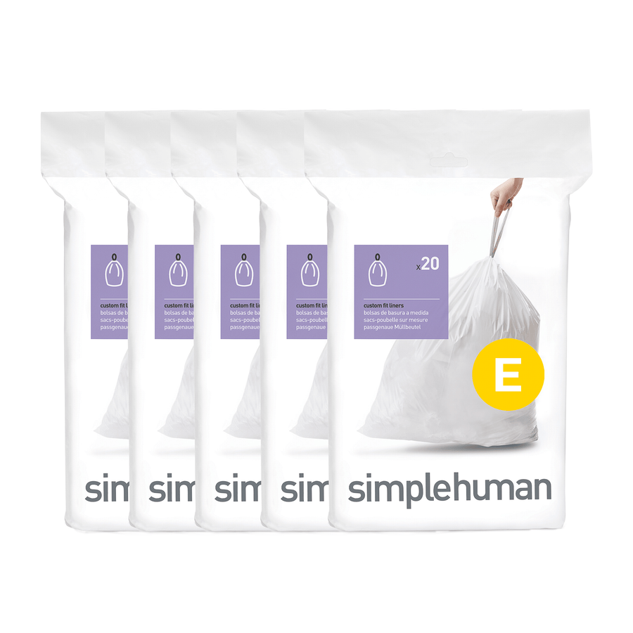 Simplehuman Custom Fit Liners Code E white, 4 packages of 20 liners, featuring drawstring closure.