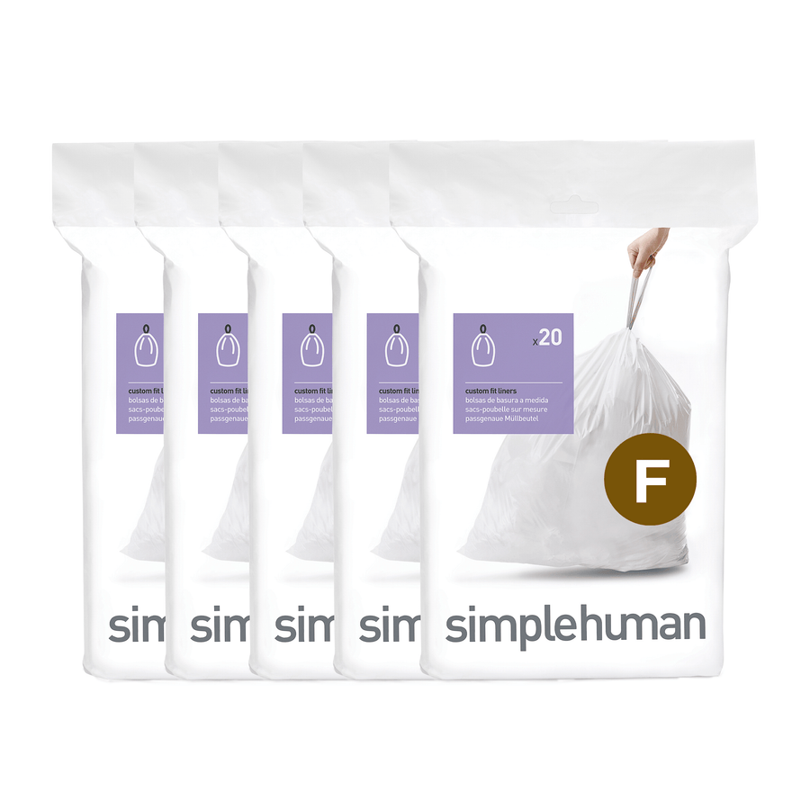Simplehuman Code F Custom Fit Liners, 4 packs shown, custom fit for easy dispensing and durable drawstring.