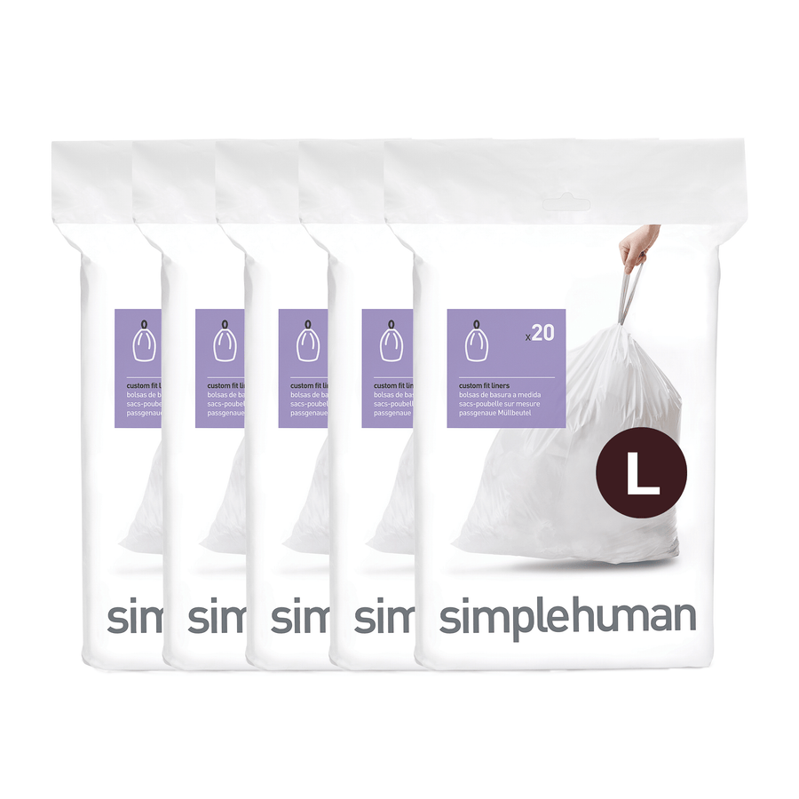 Simplehuman Code L Custom Fit Liners, white 4-pack with drawstring top for secure closure.