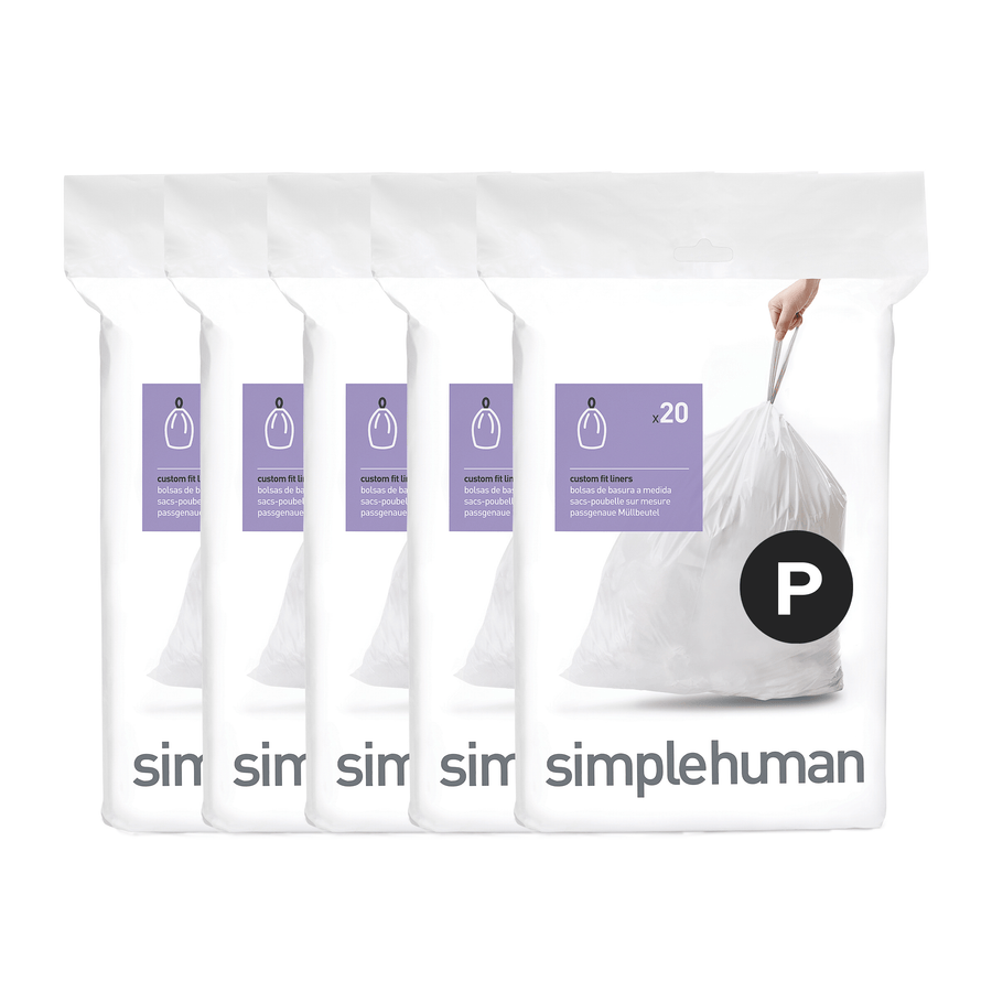 Simplehuman Code P Custom Fit Liners (White), four 20-pack rolls shown, perfect fit trash bags.