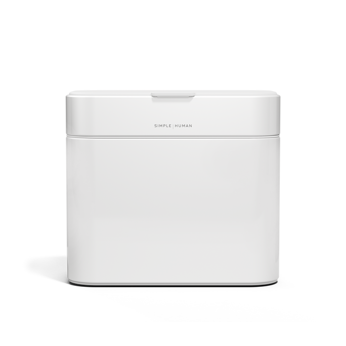 Simplehuman White Compost Caddy, tight front view showing branding and airtight seal.