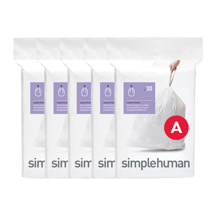 Simplehuman Code A Custom Fit Liners, 5 packs of white drawstring trash bags (30 count) for a perfect fit.