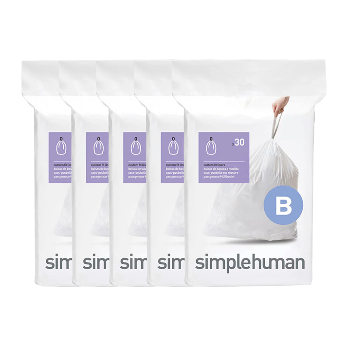 Simplehuman Code B Custom Fit Liners, 5 packs of white trash bags with drawstring closure for a perfect fit.