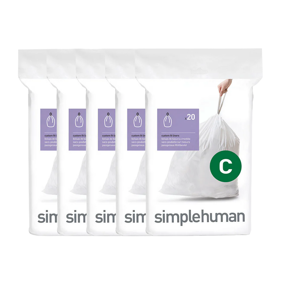 Simplehuman Code C Custom Fit Liners, 5 packs shown, white trash bags with drawstring closure