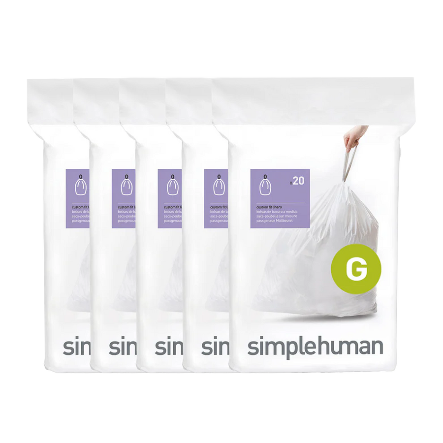 Simplehuman Code G Custom Fit Liners, white, 5-pack bundle, tailored fit, durable drawstring.