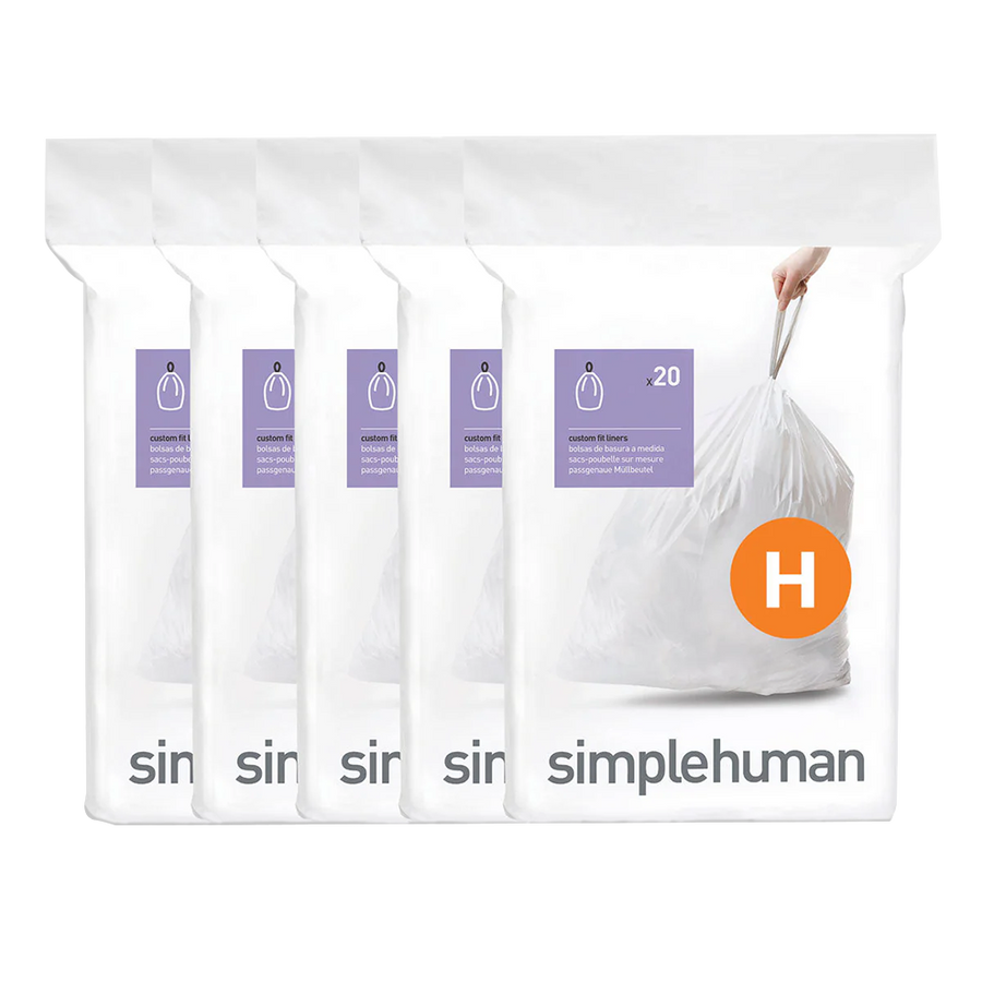 Simplehuman Code H Custom Fit Liners, 5-pack of white drawstring trash bags.