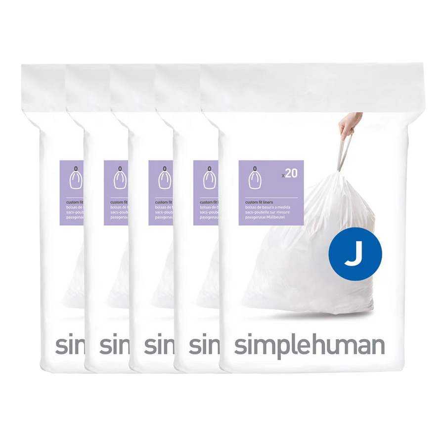 Simplehuman Custom Fit Liners Code J, white, shown in five 20-count packs, with easy-tie drawstring bags.