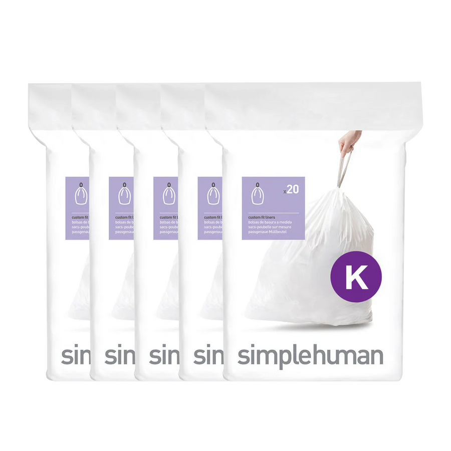 Simplehuman white Code K Custom Fit Liners, showing five packs, with strong drawstring closure for easy lift and tie.
