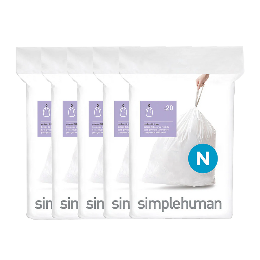 Simplehuman White Code N Custom Fit Liners 5-pack bundle, featuring strong drawstring closure.