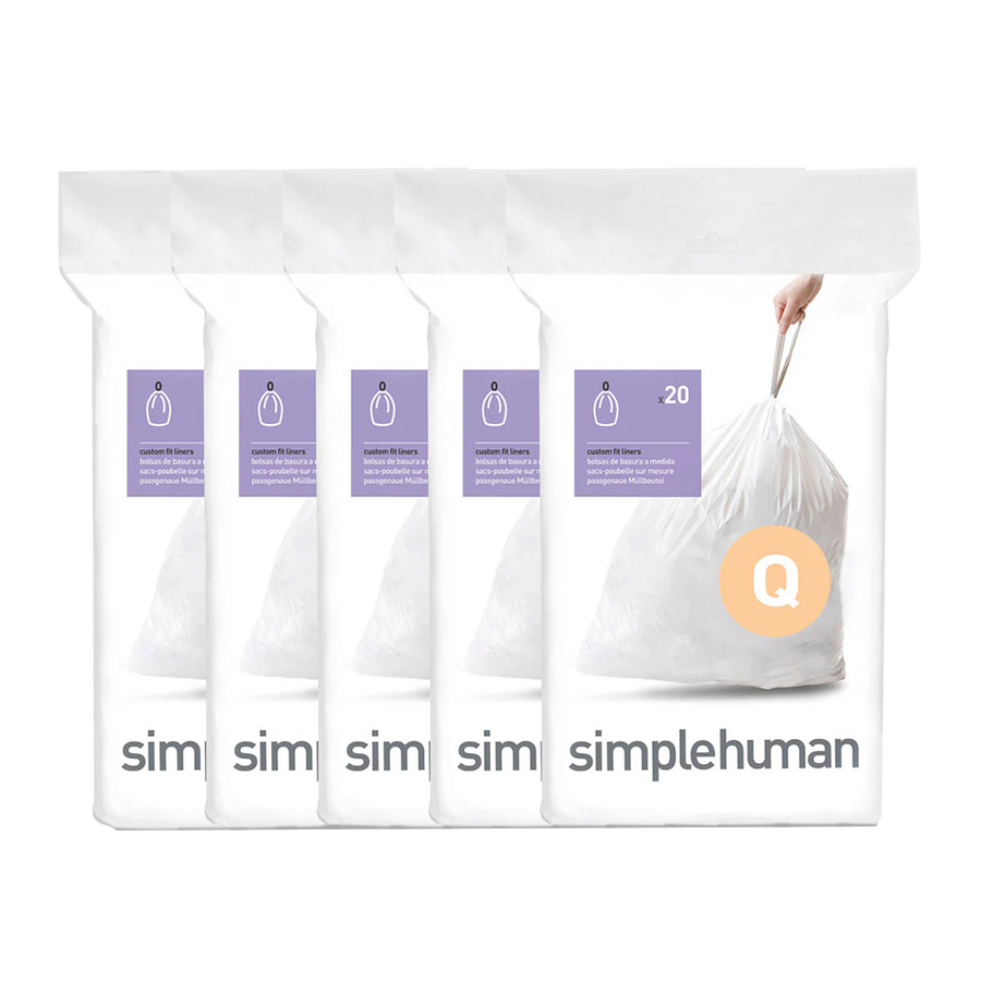 Simplehuman Code Q Custom Fit Liners, 5 packs shown, perfect fit trash bags with durable drawstring closure.