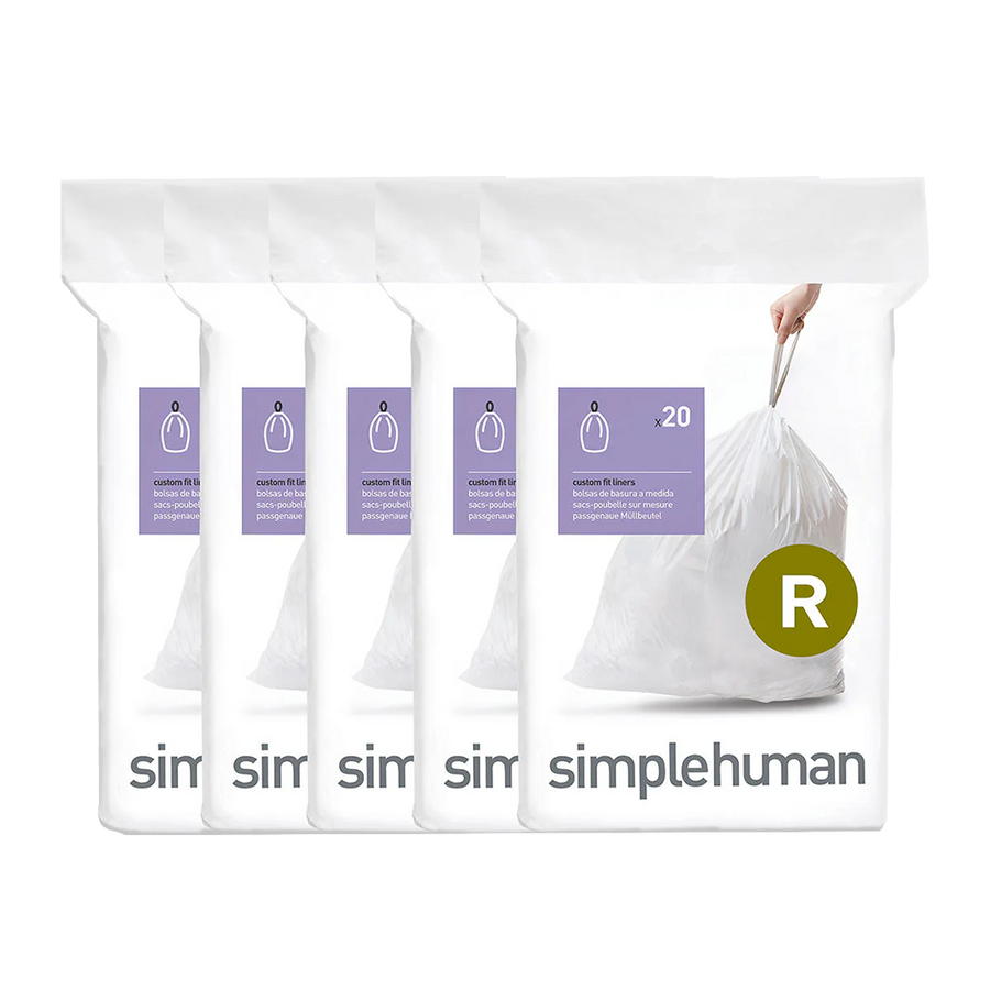 Simplehuman Code R Custom Fit Liners (5-pack, 100 total), durable white plastic with convenient drawstring closure.