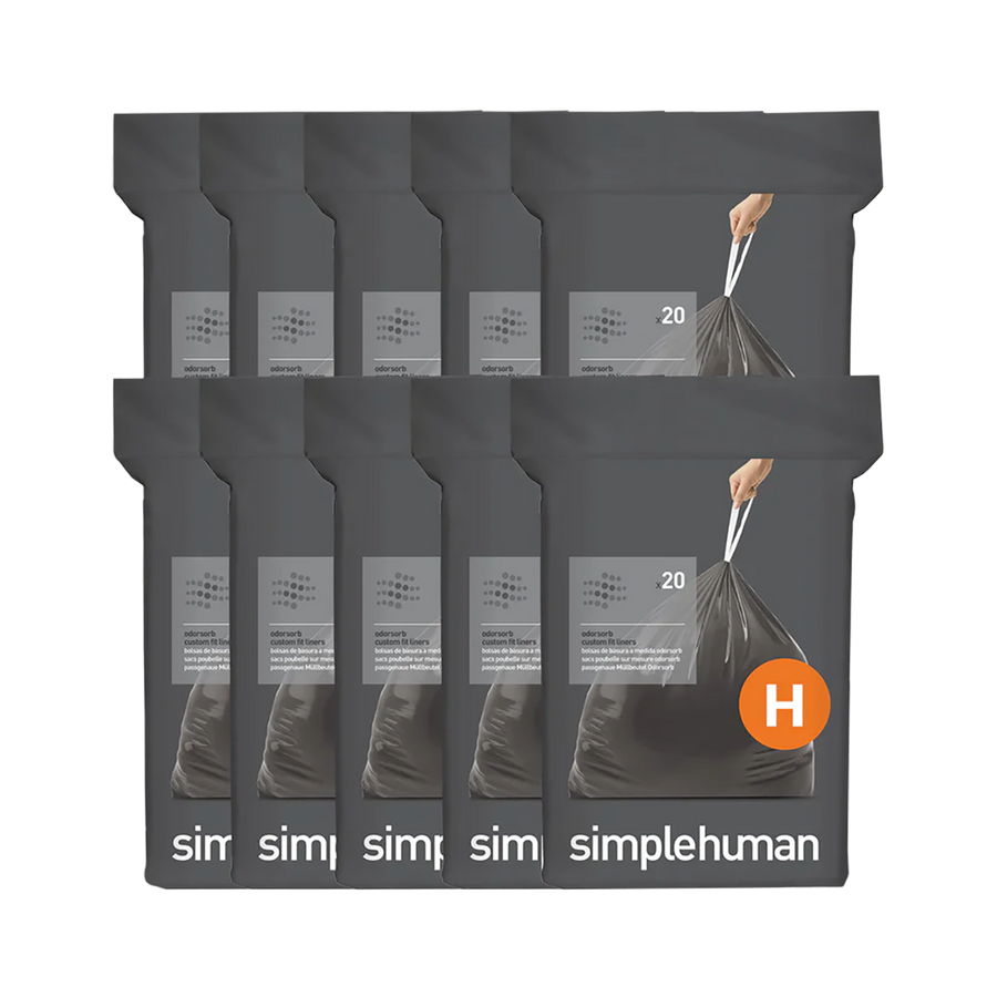 Simplehuman Code H Custom Fit Odorsorb Liners 10-pack display, 20-count bags with drawstring closure.