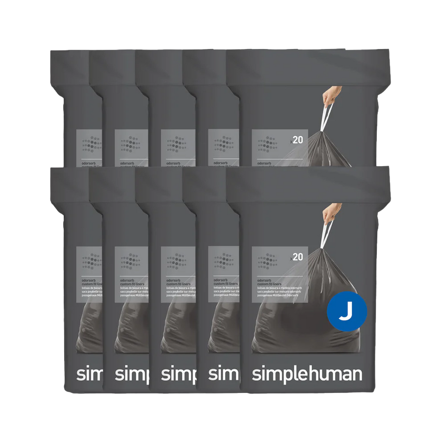 Simplehuman Code J Odorsorb Custom Fit Liners, 10-pack bulk display, showing easy drawstring removal.