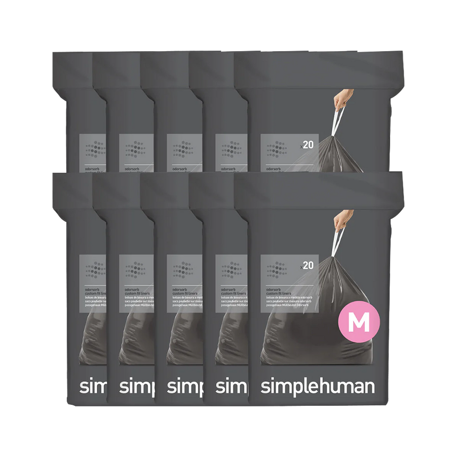 Simplehuman Code M Custom Fit Odorsorb Liners (10 packs shown), dark gray, 20 liners per pack, drawstring closure.