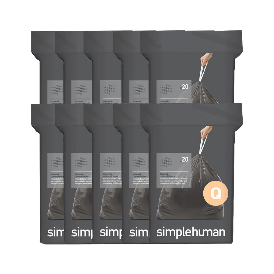 Front view of Simplehuman Code Q Custom Fit Odorsorb Liners multi-pack, 20 capacity, with secure drawstring.