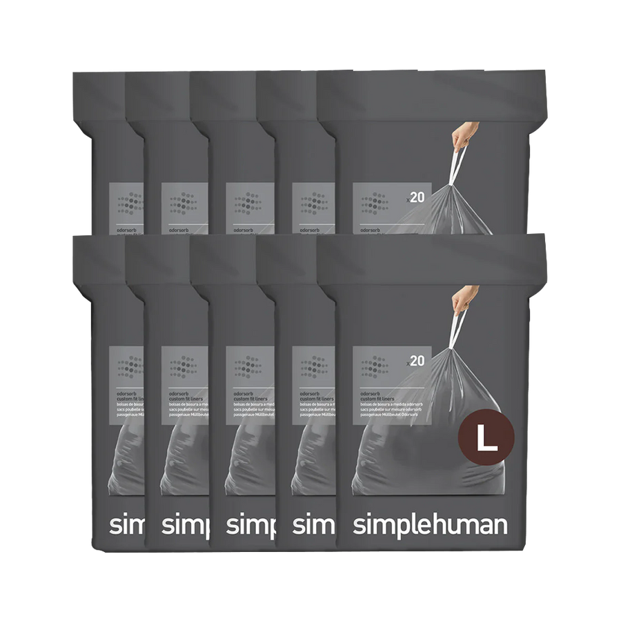 Simplehuman Code L Custom Fit Odorsorb Liners bulk 10-pack display, 200 total bags with strong drawstring closure.