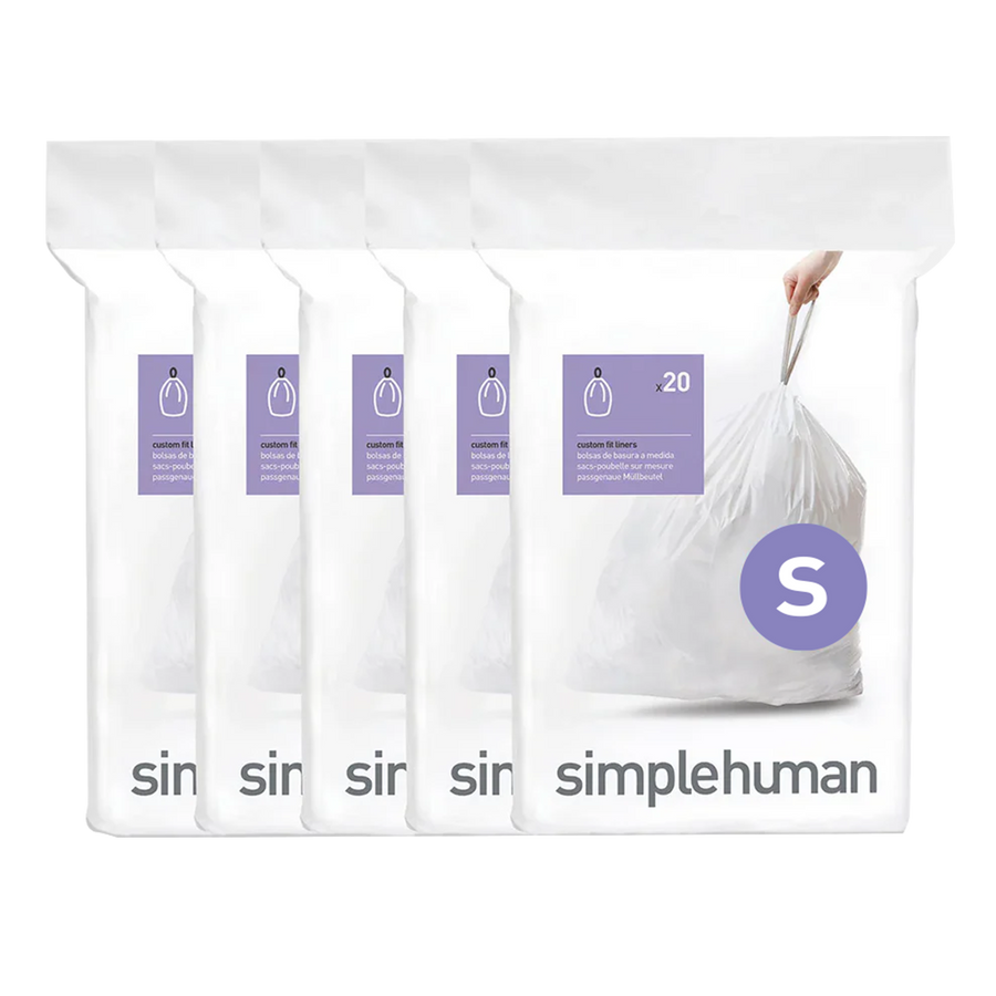 Simplehuman Code S custom fit trash bag 100-pack packaging. Showing 5 packs of 20 white liners.