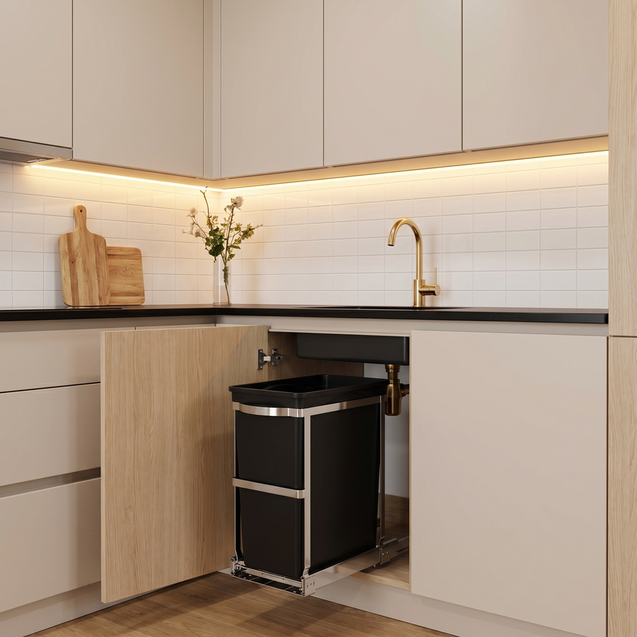 Simplehuman's In-Cabinet Can in a modern kitchen setting.