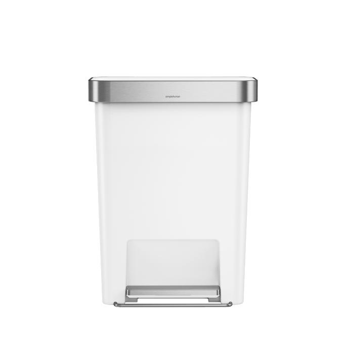 Simplehuman 45L Hybrid Rectangular Step Can, White/Brushed Stainless Steel, hands-free foot pedal.