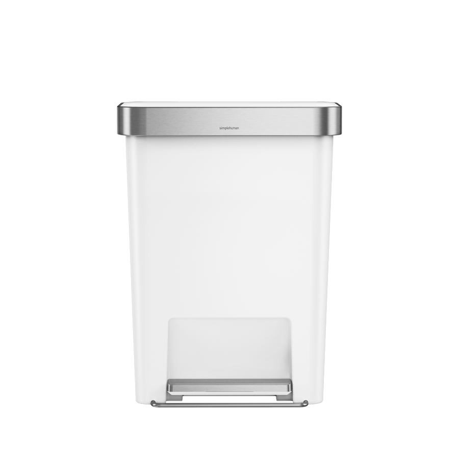 Simplehuman 45L Hybrid Rectangular Step Can, White/Brushed Stainless Steel, hands-free foot pedal.