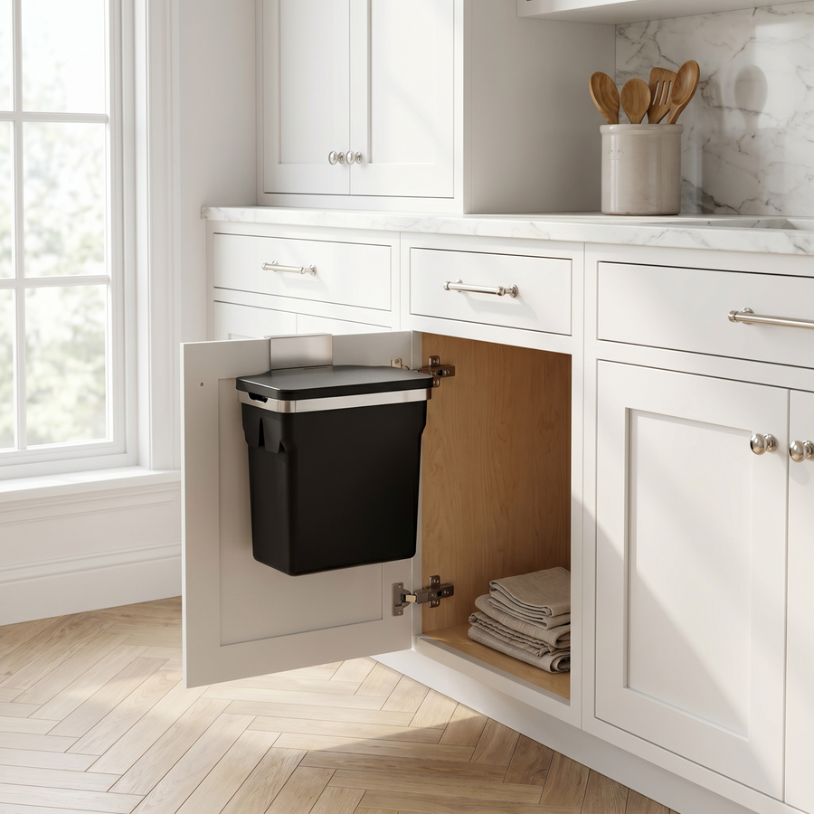 Simplehuman's 10L Hanging In-Cabinet Can in a kitchen cabinet.