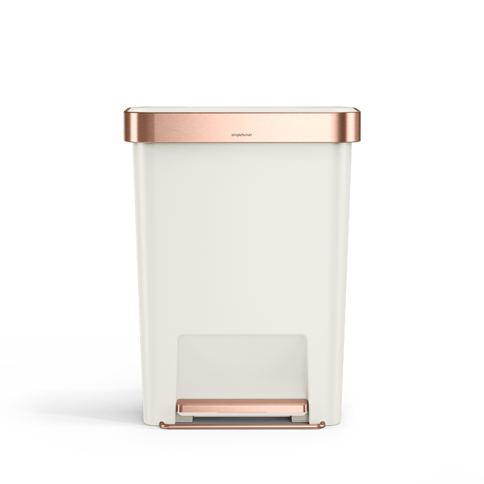 Simplehuman 45L Hybrid Rectangular Step Can, Cream body with Rose Gold trim, hands-free operation.
