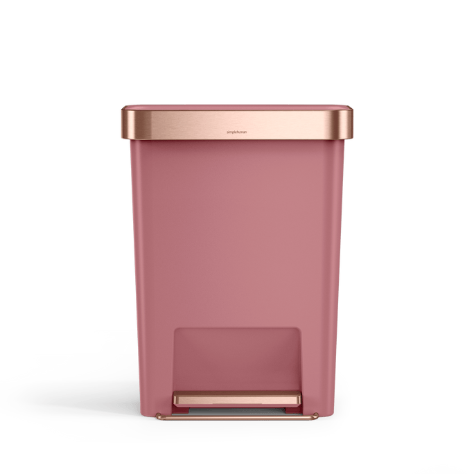 Simplehuman 45L Hybrid Rectangular Step Can, Dusty Rose/Rose Gold, hands-free operation.