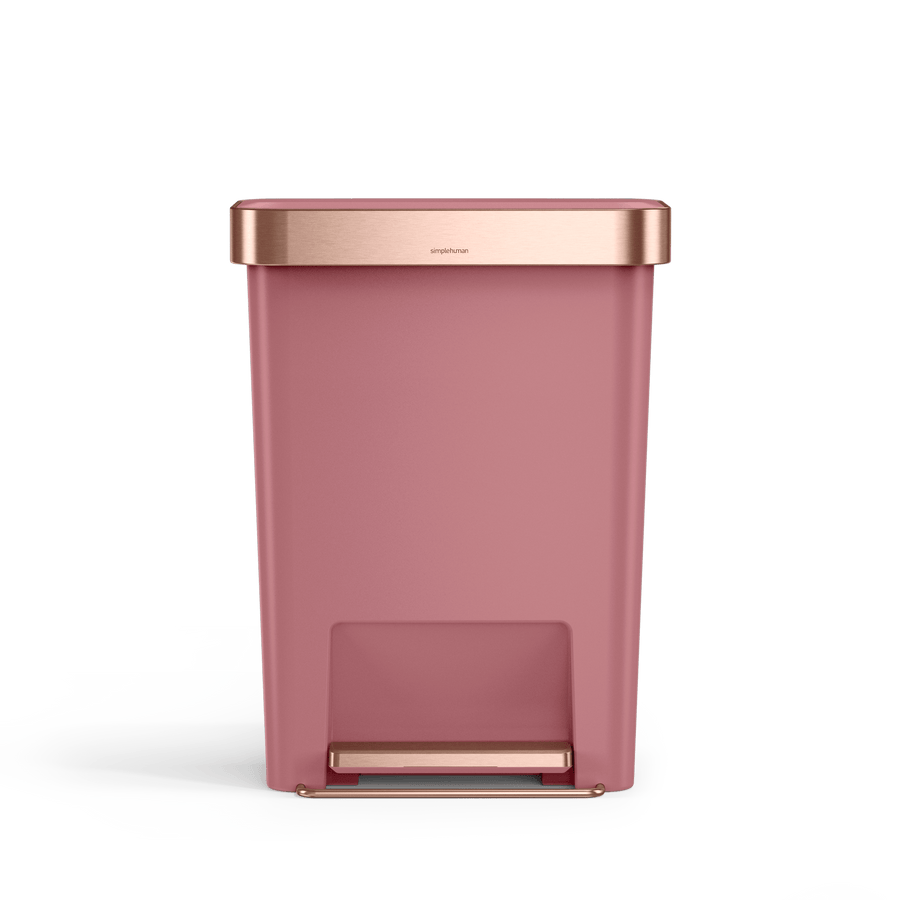 Simplehuman 45L Hybrid Rectangular Step Can, Dusty Rose/Rose Gold, hands-free operation.