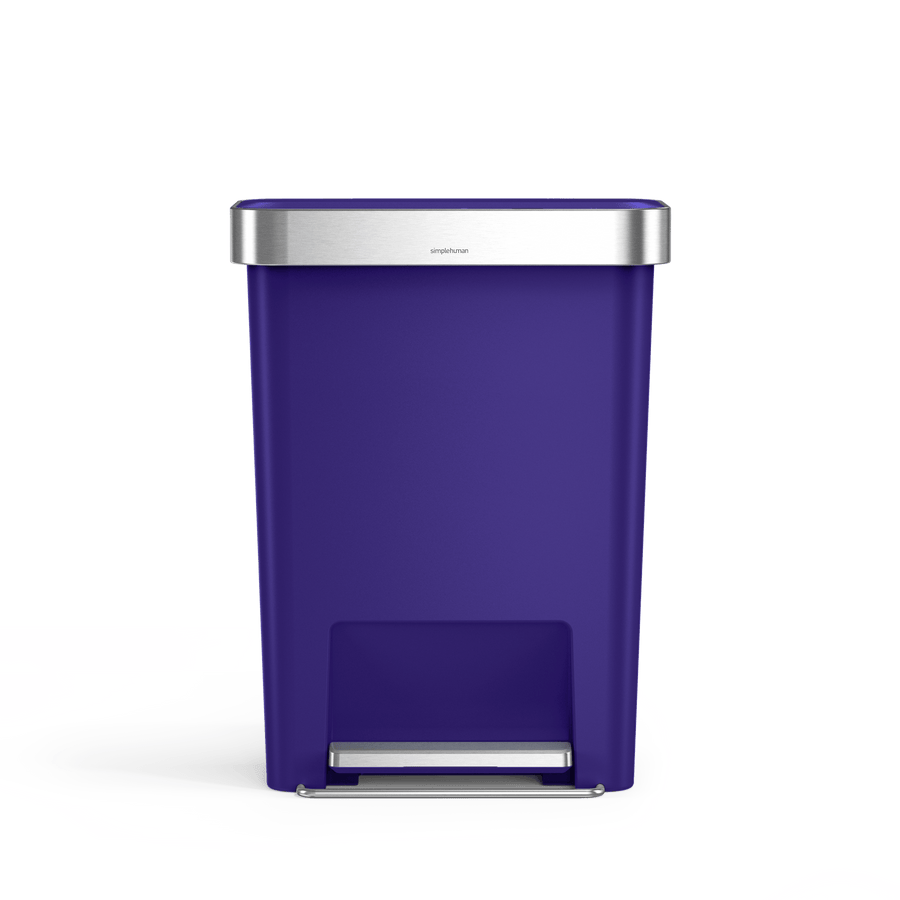 Front view of Simplehuman 45L Hybrid Step Can in Ultra Violet, Brushed Stainless Steel lid, hands-free pedal.
