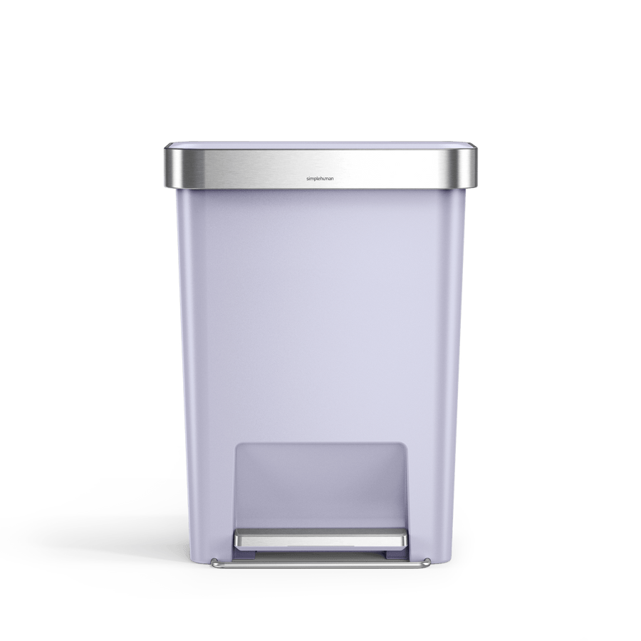 Front view Simplehuman 45L Hybrid Step Can, Ultra Violet, Brushed Steel trim, hands-free pedal.