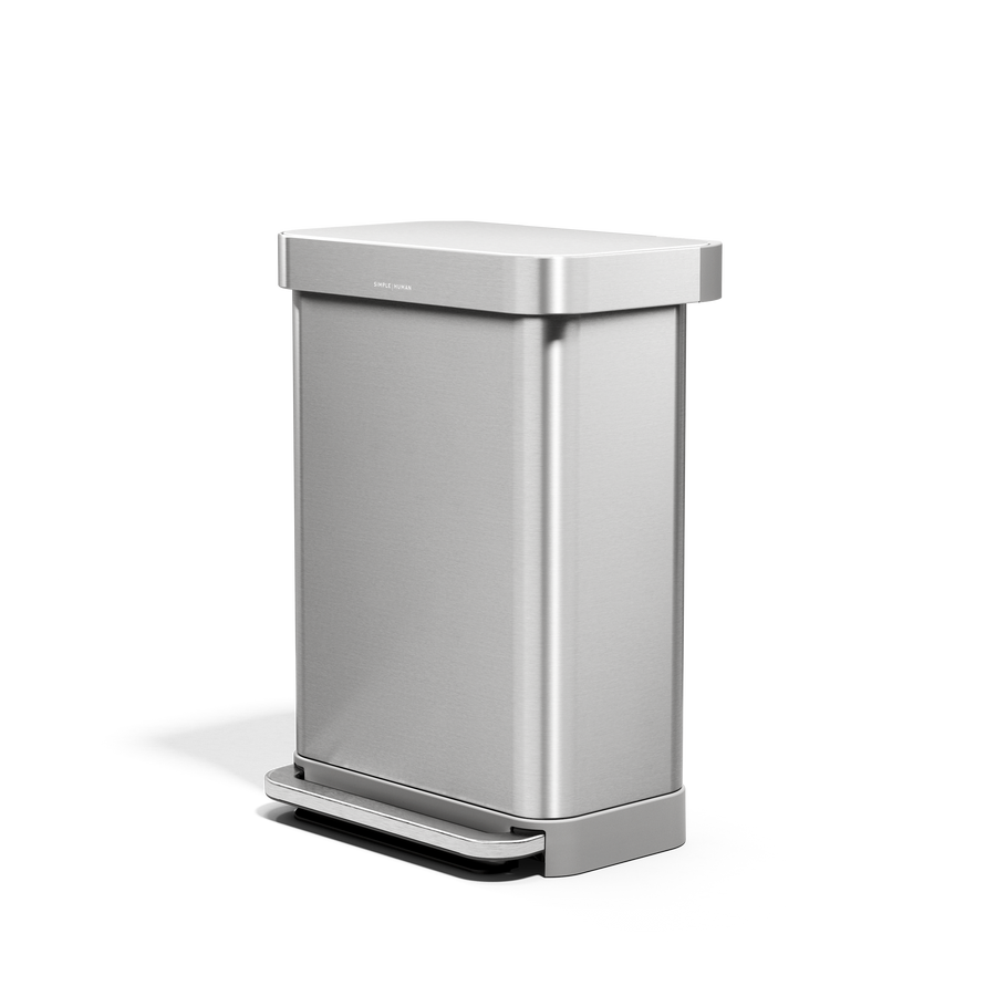 Angled view of Simplehuman 55L Rectangular Step Can in Brushed Stainless Steel, hands-free foot pedal, and liner pocket.
