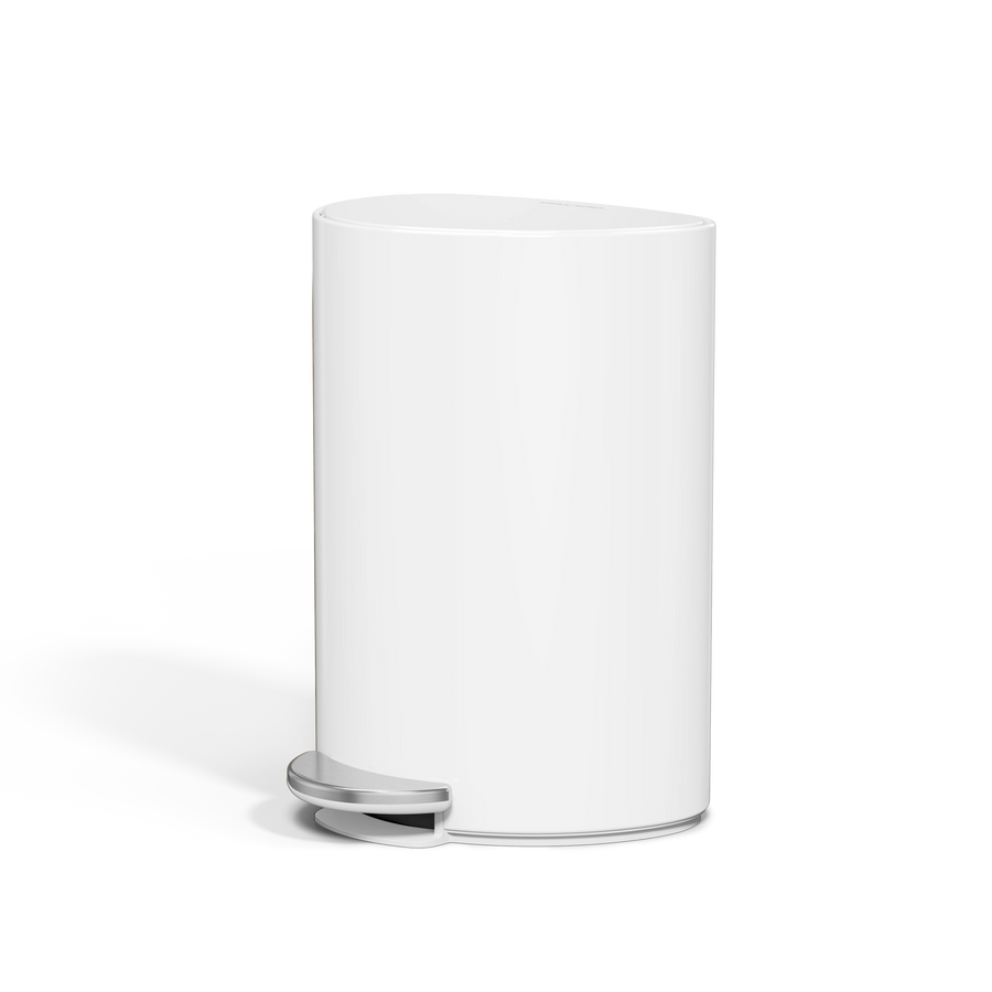 Simplehuman 6L Semi-Round Step Can, Detail view of White body showing durable steel pedal mechanism for hands-free operation.