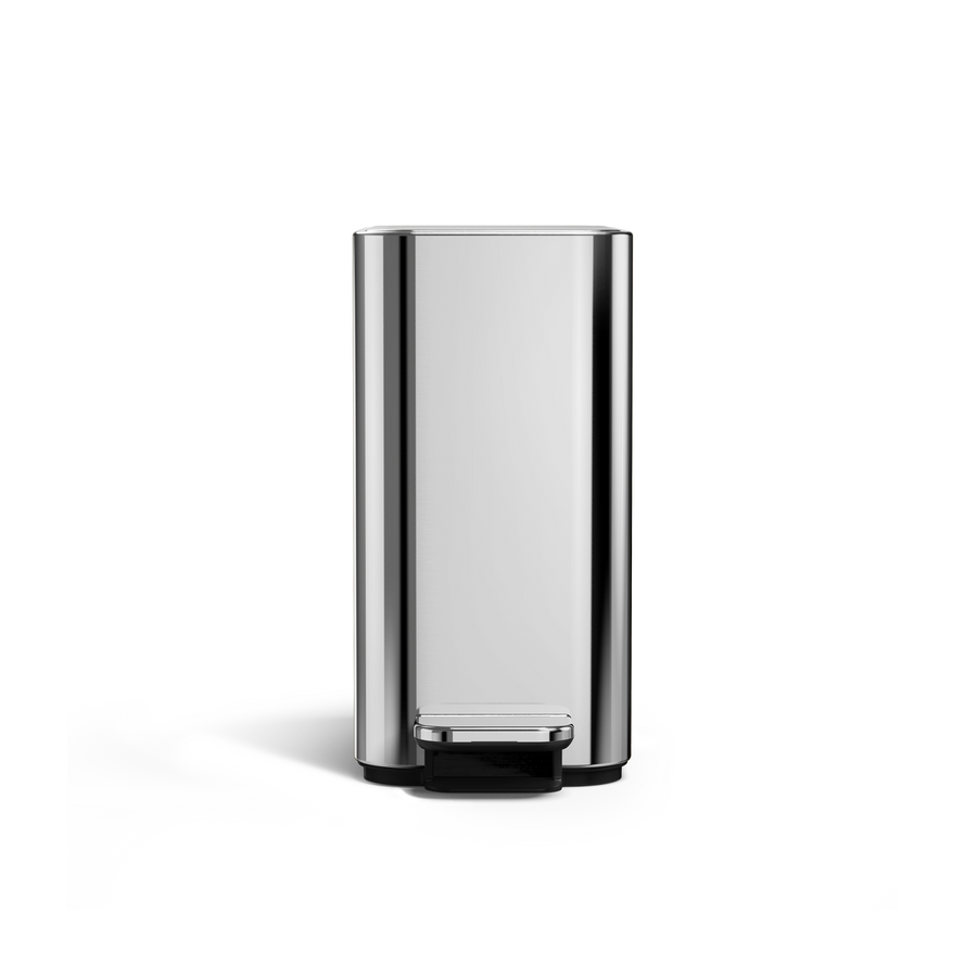 Simplehuman 5L Slim Step Can, Polished Stainless Steel, Front view, hands-free slim design.