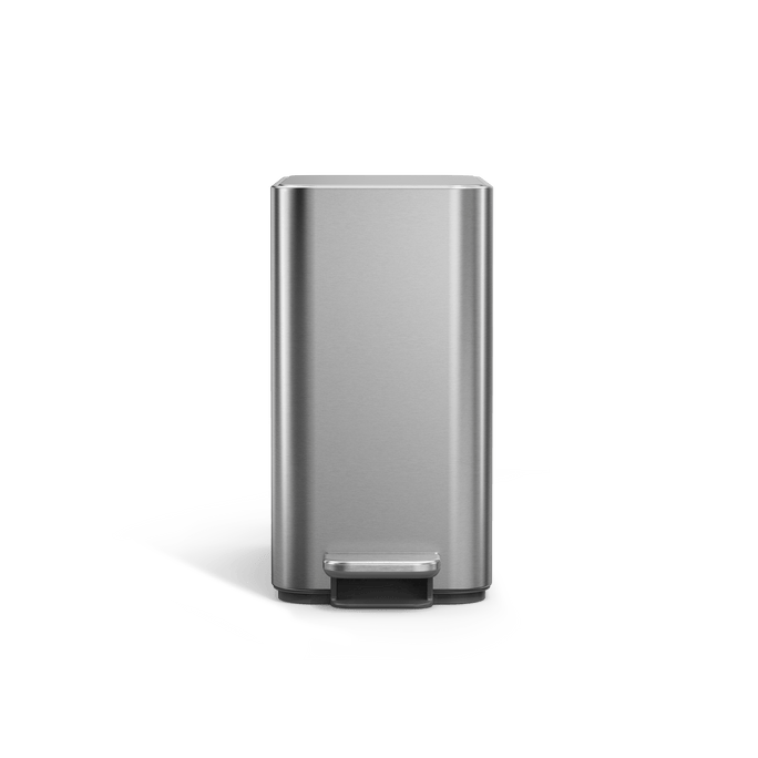 Simplehuman's 9L Slim Step Can in Brushed, front view. 