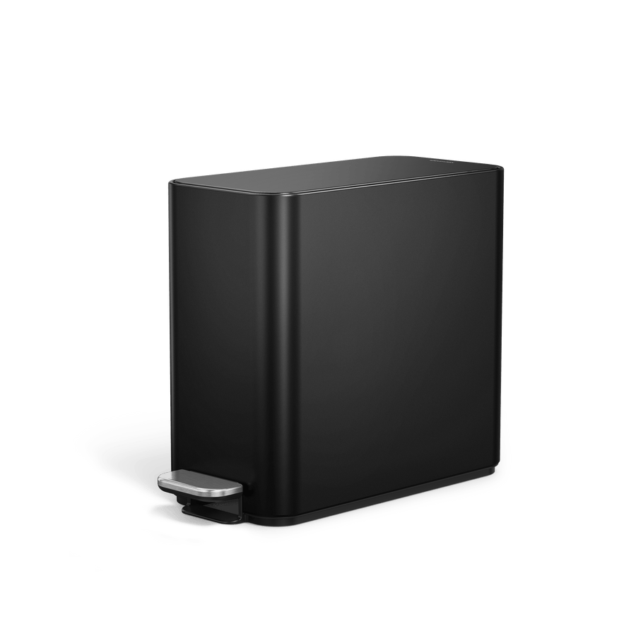 Simplehuman's 9L Slim Step Can in Matte Black, angled view. 