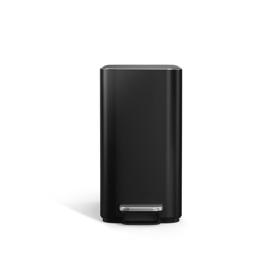 Simplehuman's 9L Slim Step Can in Matte Black, front view. 