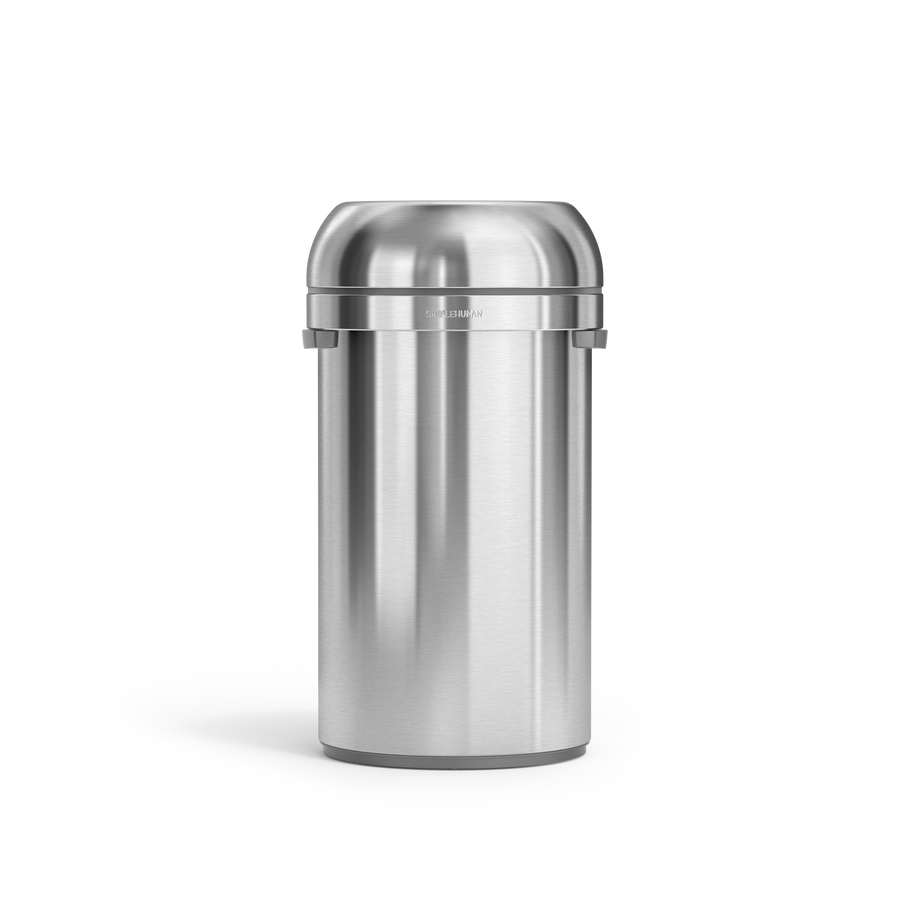 Simplehuman's 60L All-Steel Bullet Open Can in Brushed front-angle view.