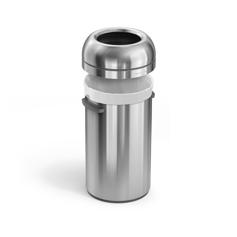 Simplehuman's 60L All-Steel Bullet Open Can in Brushed at a side angle with the lid part of the can hovering over the base of the can.