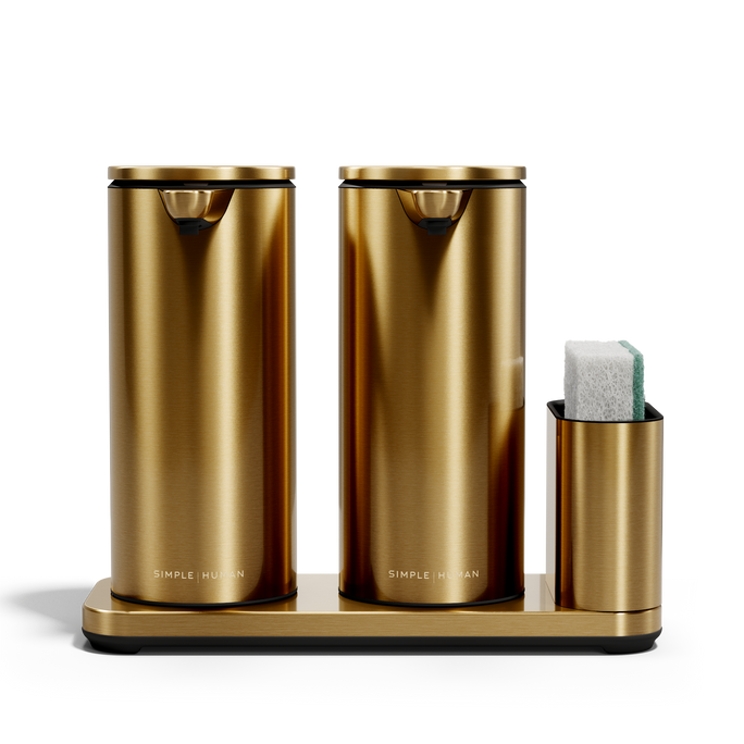 Simplehuman Brushed Brass Dual Sensor Pump 14 oz. with Caddy holding sponge, twin touch-free dispensers.