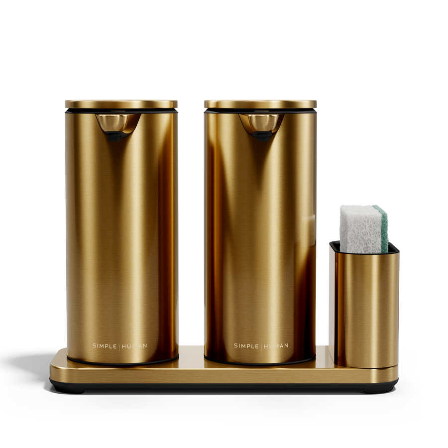 Simplehuman Brushed Brass Dual Sensor Pump 14 oz. with Caddy holding sponge, twin touch-free dispensers.