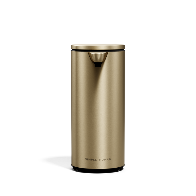 Centered front view of Simplehuman 9 oz. Rechargeable Sensor Pump in Brass, touch-free dispenser.