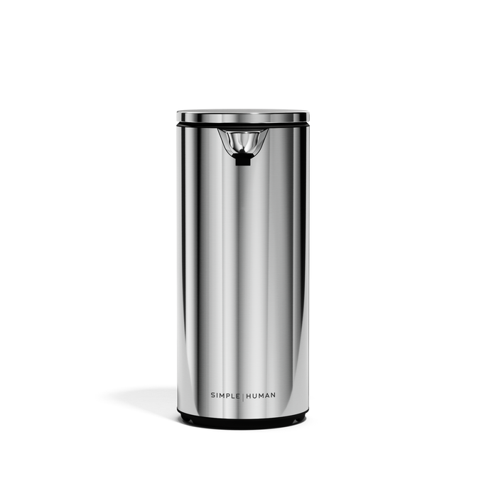 Straight-on view of Simplehuman 9 oz. Rechargeable Sensor Pump in Brushed Stainless Steel, adjustable dosage.