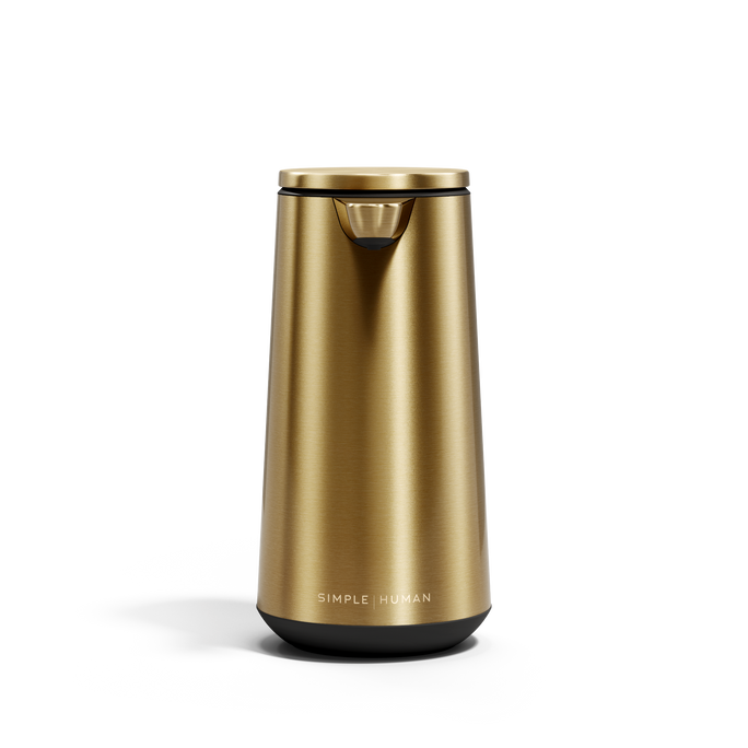 Simplehuman Brushed Brass Sensor Pump Foam, touch-free operation with drip-free foam dispensing.