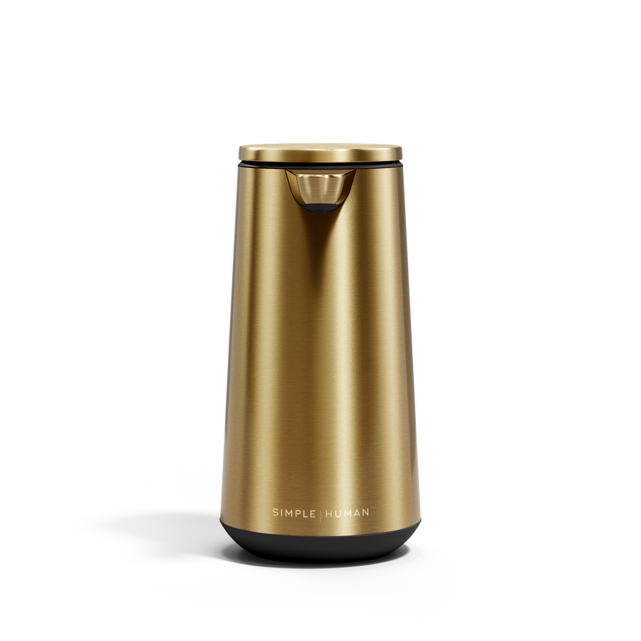 Simplehuman Brushed Brass Sensor Pump Foam, touch-free operation with drip-free foam dispensing.
