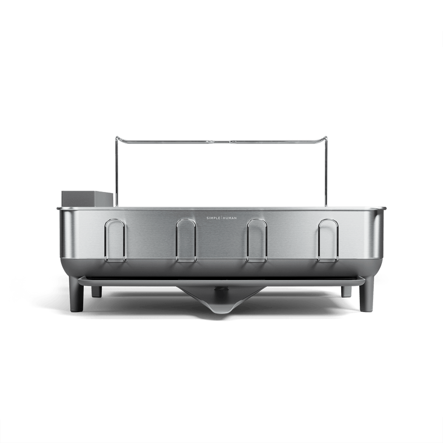Simplehuman Brushed Stainless Steel Steel Frame Dishrack, showing cup holders and center pivot drainage spout.