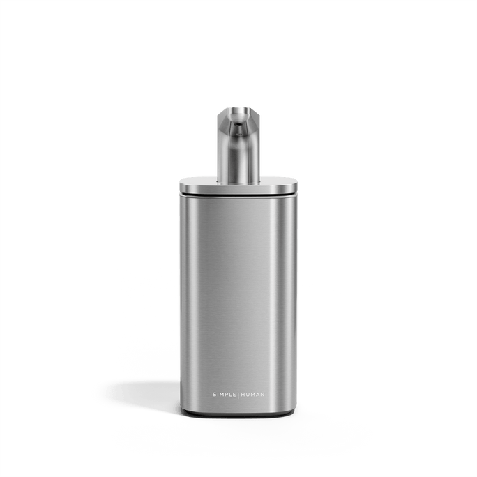 Simplehuman Brushed Stainless Steel Pulse Pump dispenser, front view. Easy-press pump head provides precise, one-handed operation.