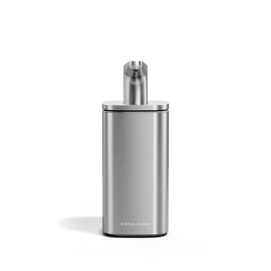 Simplehuman Brushed Stainless Steel Pulse Pump dispenser, front view. Easy-press pump head provides precise, one-handed operation.