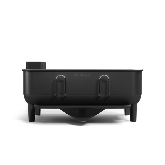 Profile view of Simplehuman Compact Steel Frame Dishrack in Matte Black, showing elevated legs and direct drainage spout.
