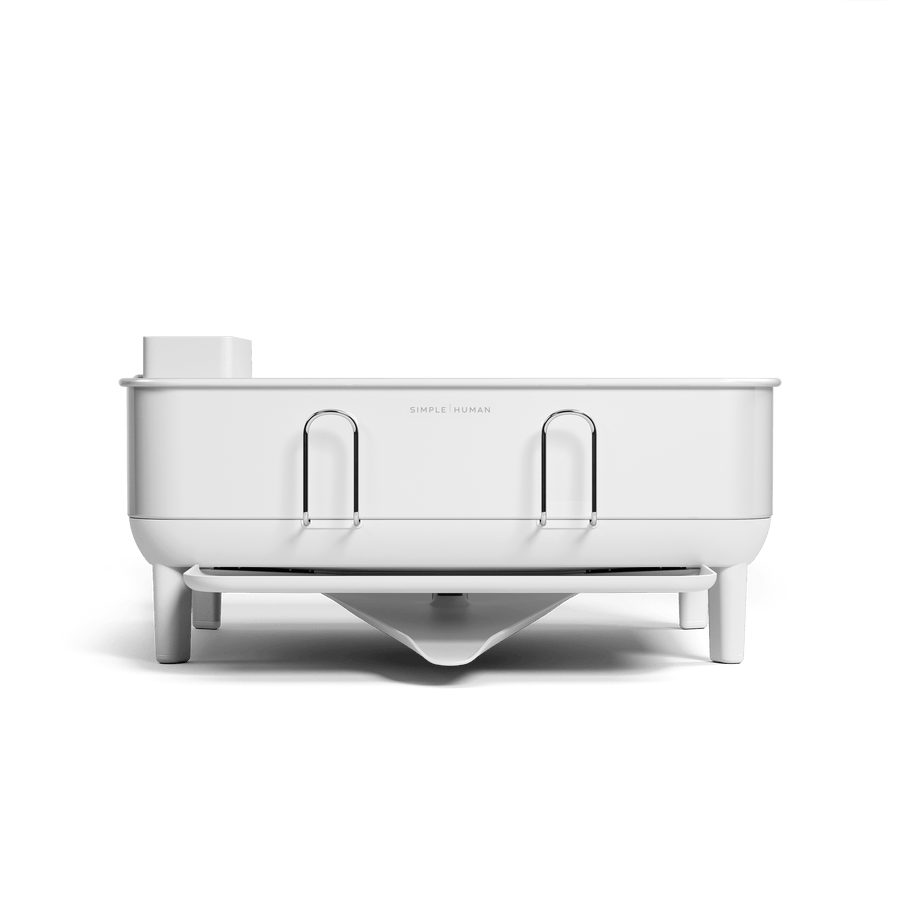 Simplehuman Compact Steel Frame Dishrack in White, front view showing elevated design and direct drainage spout.
